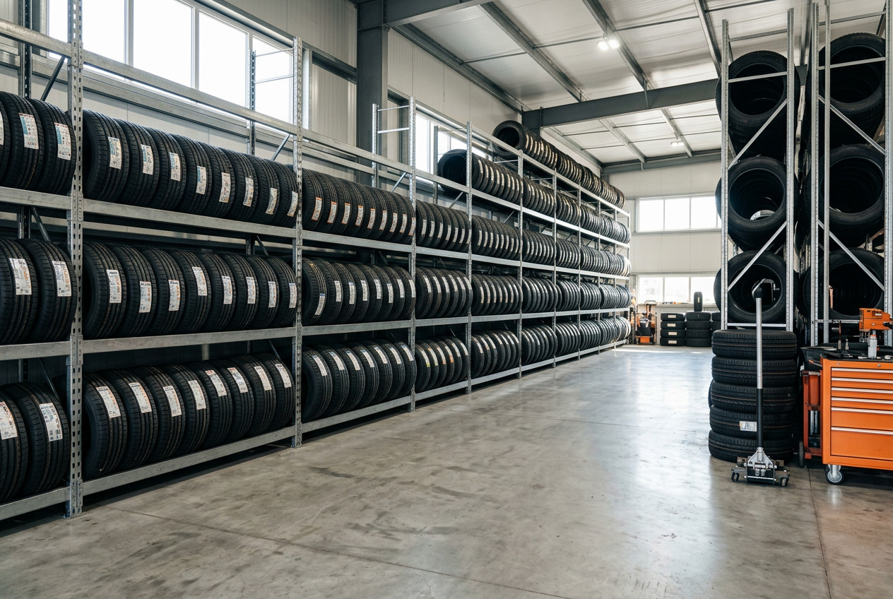 Tire racks inside the shop